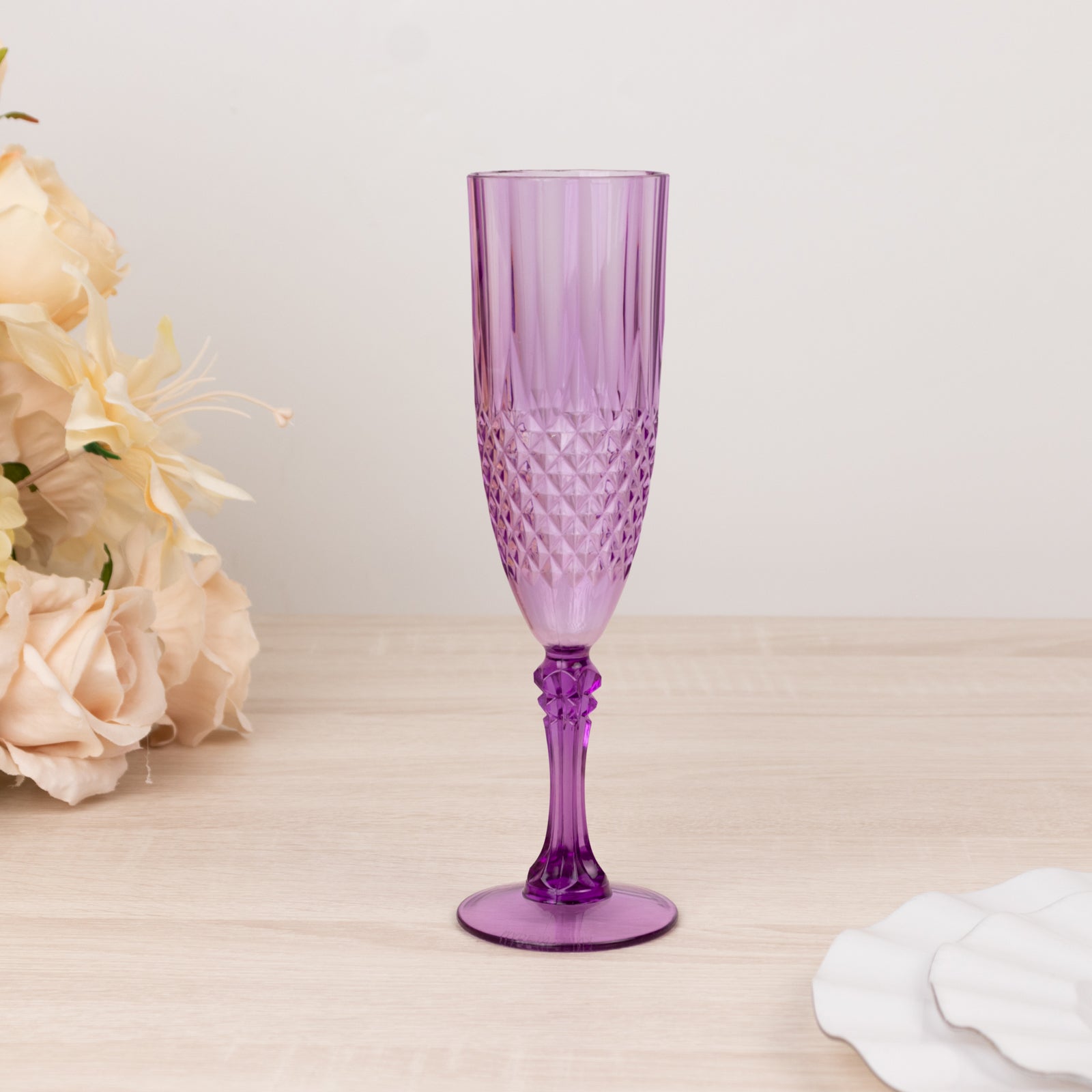 6-Pack Transparent Plastic Champagne Glasses 8oz, Crystal Cut Style Purple - Shatterproof Wedding Toast Flutes